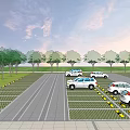 Eco Friendly Parking Lot With Trees Parked Cars And Grass Pavers Design