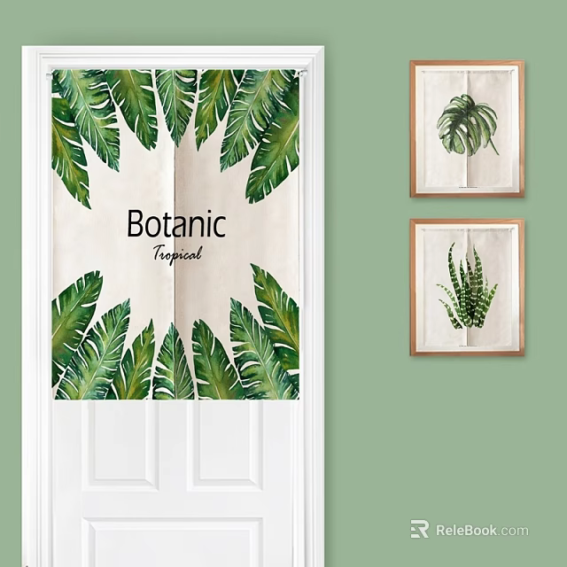 Botanic Tropical Curtain with Green Leaf Patterns and Botanical Wall Art on Light Green Wall 3d model 