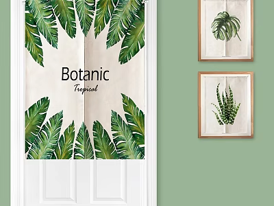 Botanic Tropical Curtain with Green Leaf Patterns and Botanical Wall Art on Light Green Wall 3d model