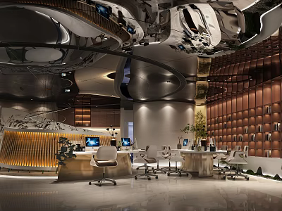 Modern Public Office Space Interior With Desks Ergonomic Chairs Computers And Green Plants 3d model
