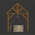 Wooden Well Structure With Sloped Roof Stone Wellhead And Bucket Pulley