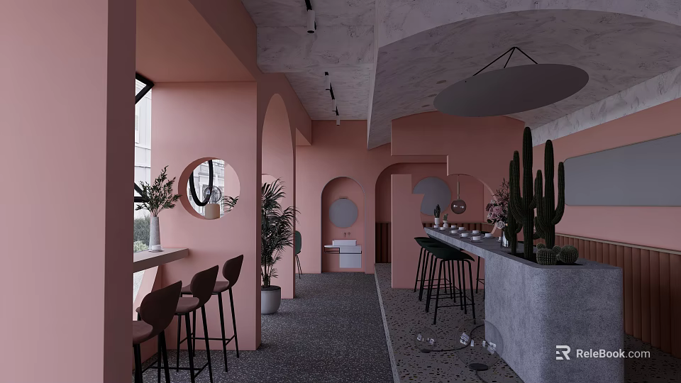 Pink Arched Restaurant Interior With Circular Windows Bar Counter Cactus Bar Stools And Gray Flooring 3d model 