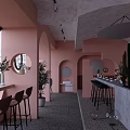 Pink Arched Restaurant Interior With Circular Windows Bar Counter Cactus Bar Stools And Gray Flooring