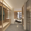 Modern Hotel Guest Room With Wooden Wall Panels Sofa Coffee Table And Large Windows