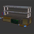 Multi Layered Futuristic Tech Component With Glowing Light Strips Shelves Pipes And Green Data Screen