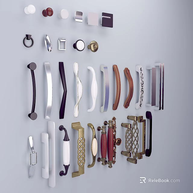 Various Types of Furniture Cabinet Handles in Different Designs and Materials 3d model 