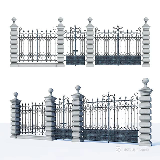 Building Exterior Wall Design With Decorative Iron Railings And Stone Pillars 3d model 