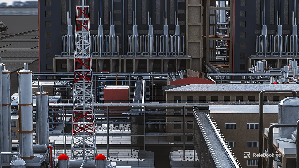Modern Industrial Plant Exterior With Metal Pipes Steel Frames And Equipment 3d model 