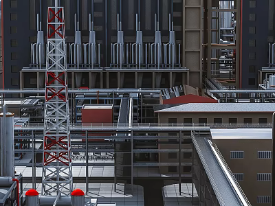 Modern Industrial Plant Exterior With Metal Pipes Steel Frames And Equipment 3d model