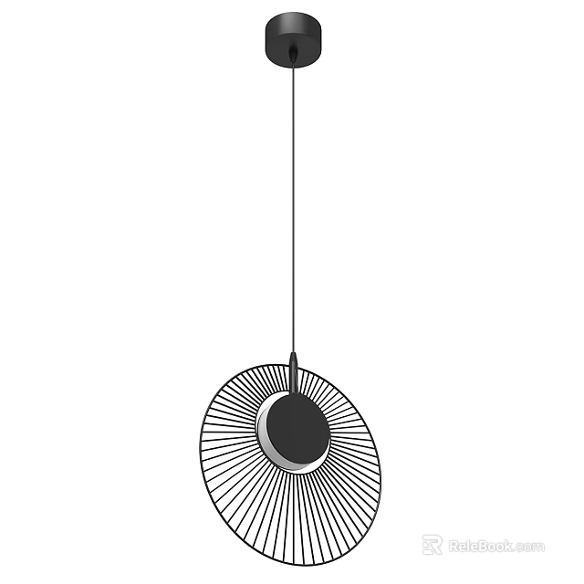 Minimalist Modern Circular Chandelier with Radiating Lines and Central Black Accent Design 3d model 
