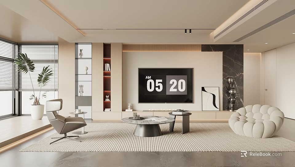 Modern Living Room Interior Design With Large TV Screen Coffee Table Sofa And Decorative Shelves 3d model 