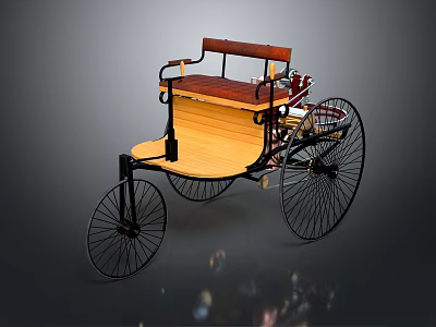 Vintage Three Wheeled Vehicle with Wooden Body Brown Seat and Black Wheels 3d model