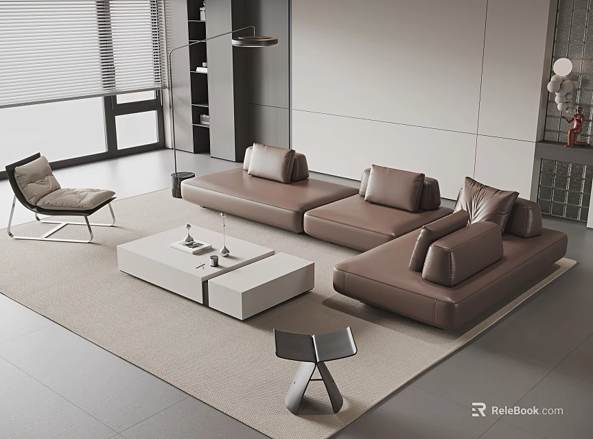 Modern Brown Sectional Sofa And White Coffee Table Set With Minimalist Living Room Rug 3d model 