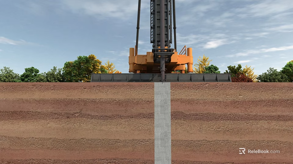 Industrial Pile Driving Equipment Operating In Foundation Construction With Soil Layers And Concrete Pile 3d model 