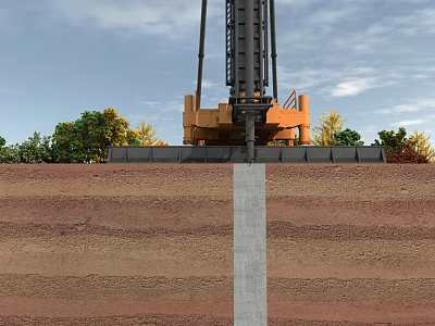 Industrial Pile Driving Equipment Operating In Foundation Construction With Soil Layers And Concrete Pile 3d model