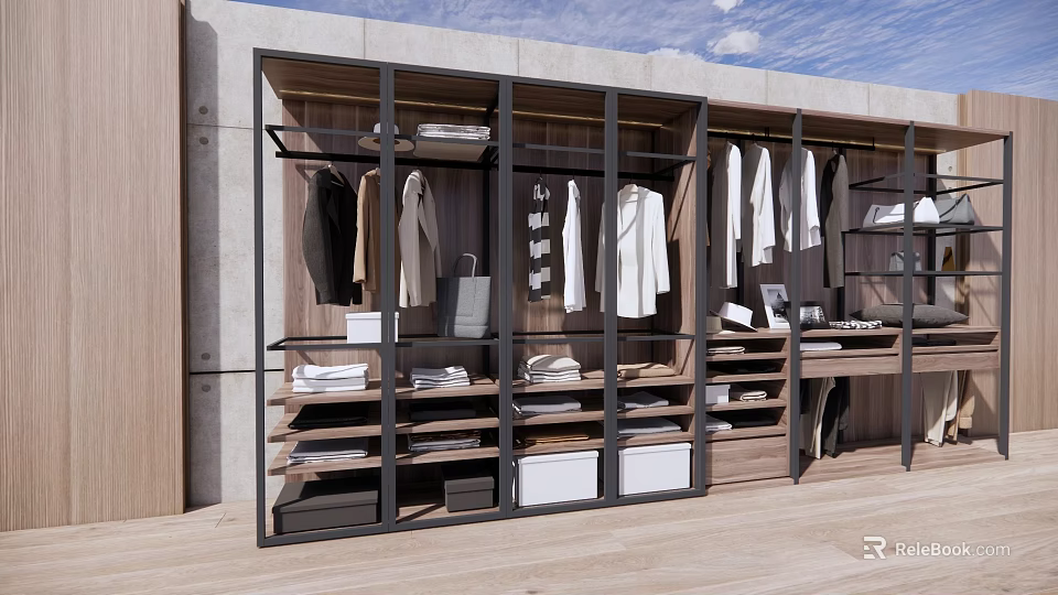 Modern Walk-in Closet Design with Hanging Clothes Folded Clothes on Shelves and Storage Boxes 3d model 