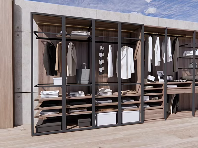 Modern Walk-in Closet Design with Hanging Clothes Folded Clothes on Shelves and Storage Boxes 3d model