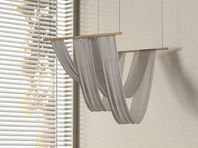 Ceiling Drapery With Light Gray Fabric Hanging On Wooden Rod By Window Blinds 3d model