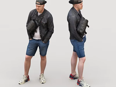 Men's Stylish Casual Outfit With Black Leather Jacket Blue Shorts Cap Bag And Sneakers 3d model