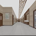 Modern Indoor Corridor With Chinese Lattice Ceiling Wooden Walls And Decorative Painting