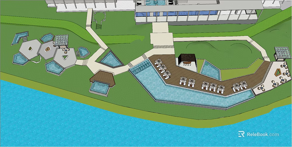 Outdoor Resort Landscape Design With Swimming Pools Seating Areas Pathways And Building Structures 3d model 