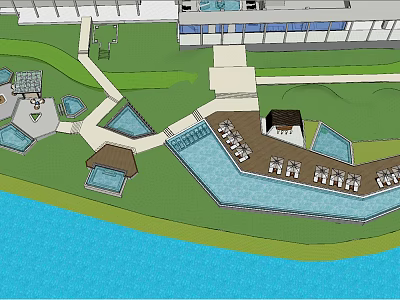 Outdoor Resort Landscape Design With Swimming Pools Seating Areas Pathways And Building Structures 3d model