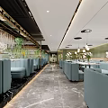 Elegant Modern Restaurant Interior With Marble Floor Crystal Curtain Green Plants And Gray Seats