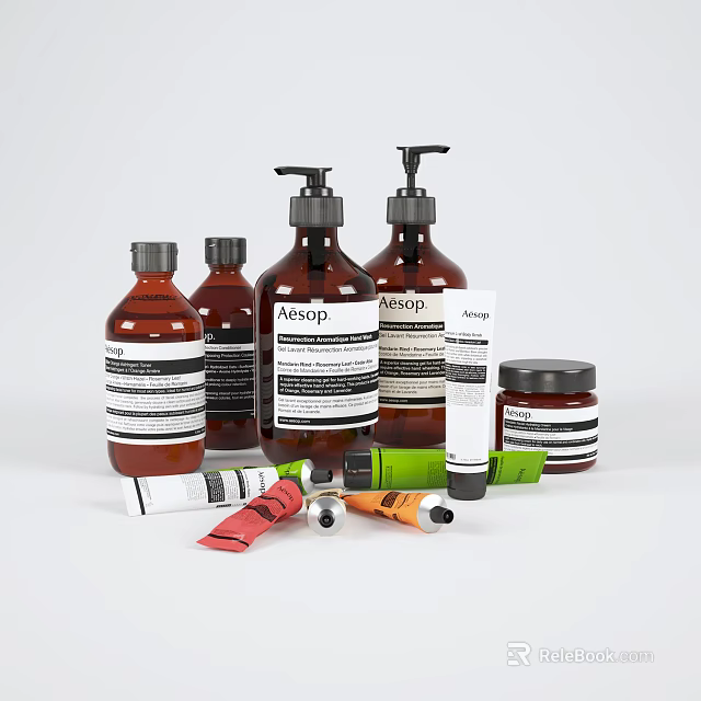 Stylish Bathroom Accessories Including Brown Bottles Pump Dispensers Jars And Tubes 3d model 