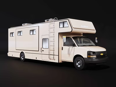 White Camping RV Car With Ladder Roof Design And Side Windows 3d model
