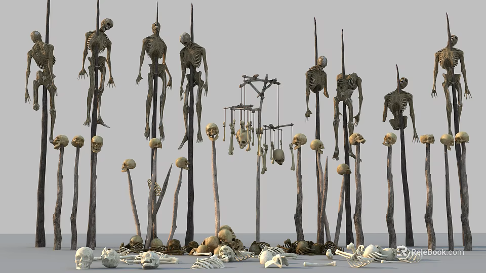 Multiple Hanging Skeletons And Scattered Skulls With Bones On Ground Poles 3d model