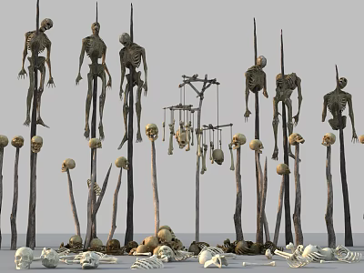 Multiple Hanging Skeletons And Scattered Skulls With Bones On Ground Poles 3d model
