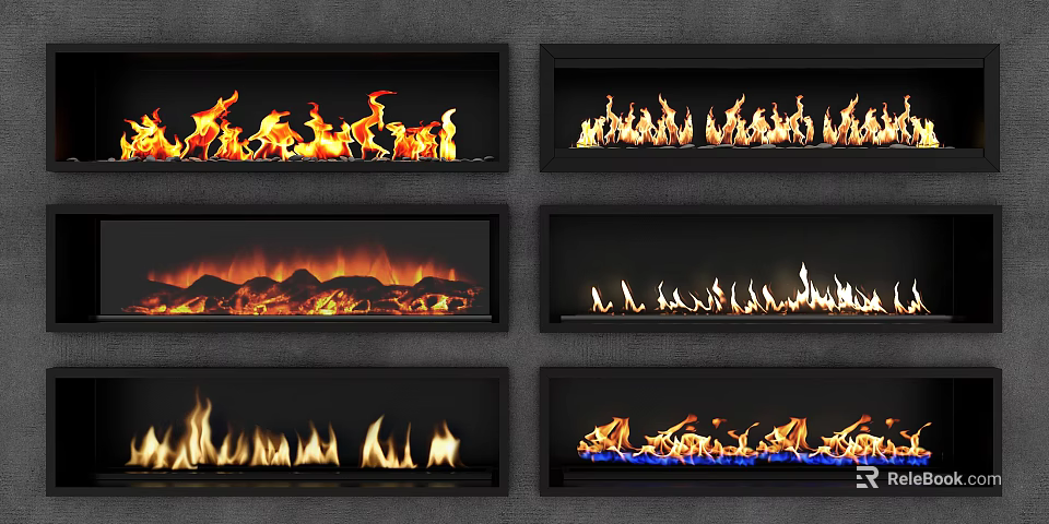 Modern Built In Fireplace Designs With Various Flame Effects On Dark Wall 3d model