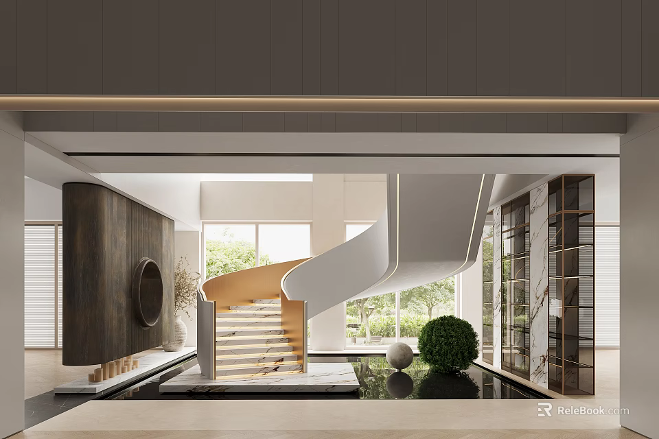 Modern Luxury Lobby Interior With Spiral Staircase Green Plants And Floor To Ceiling Windows 3d model 