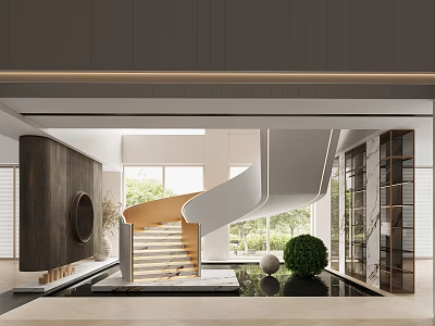 Modern Luxury Lobby Interior With Spiral Staircase Green Plants And Floor To Ceiling Windows 3d model