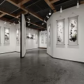 Exhibition Hall With Hanging Calligraphy Paintings White Walls Wooden Ceiling And Lighting Fixtures