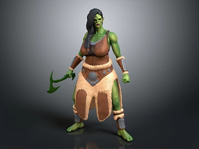 Female Orc Fantasy Character With Green Skin Tribal Weapon And Brown Fur Decorative Armor 3d model