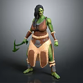 Female Orc Fantasy Character With Green Skin Tribal Weapon And Brown Fur Decorative Armor