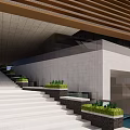 Modern Sales Office Building With Horizontal Lines Roof Design Front Steps And Green Plants