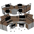 Modern Partitioned Office Workstation Desk With Multiple Workstations Computer Monitors Office Chairs Drawers And Storage