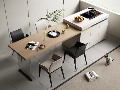 Modern Light Wood Dining Table Set With Black Beige Chairs Green Plant And White Cabinets 3d model