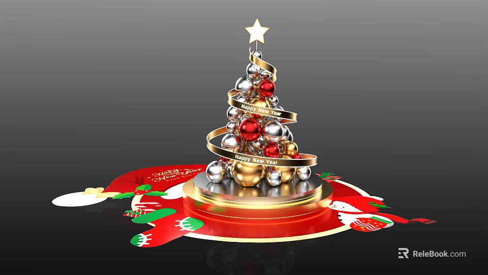 Festive Christmas Tree with Spiral Design Star Red Gold Ornaments on Red Base 3d model 
