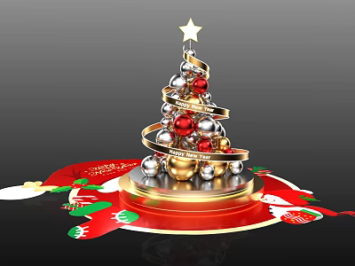 Festive Christmas Tree with Spiral Design Star Red Gold Ornaments on Red Base 3d model