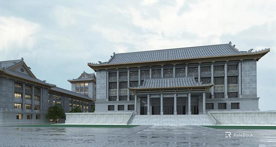 Traditional Chinese Style Building With Grey Roof Multiple Windows And Front Steps 3d model 