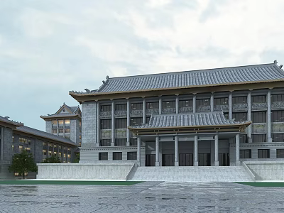 Traditional Chinese Style Building With Grey Roof Multiple Windows And Front Steps 3d model
