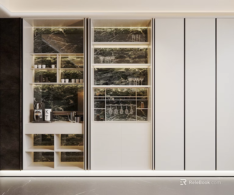 Modern Wine Cabinet With Marble Glass Doors And Lighting For Wine Bottles 3d model 
