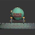 Smart Machine Featuring Green Pumpkin Shaped Carriage With Wheels Wooden Barrel And Stone Wall Base