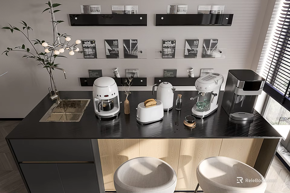 Modern Kitchen With Black Countertop White Appliances Sink Black Shelves Plant And Beige Stools 3d model 