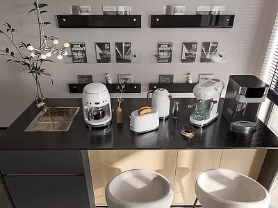 Modern Kitchen With Black Countertop White Appliances Sink Black Shelves Plant And Beige Stools 3d model