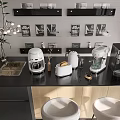 Modern Kitchen With Black Countertop White Appliances Sink Black Shelves Plant And Beige Stools