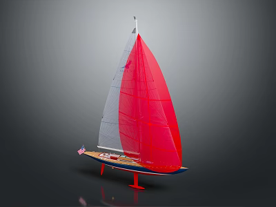 Sailboat Model With Red and Gray Sails Wooden Hull and Red Stand on Gray Background 3d model